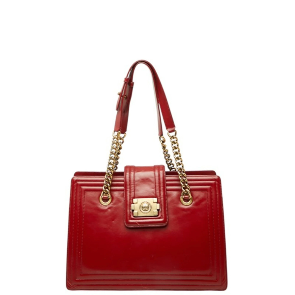 Chanel Coco Mark Boy 32 Chain Tote Bag Shoulder Red Gold Calfskin Women's CHANEL